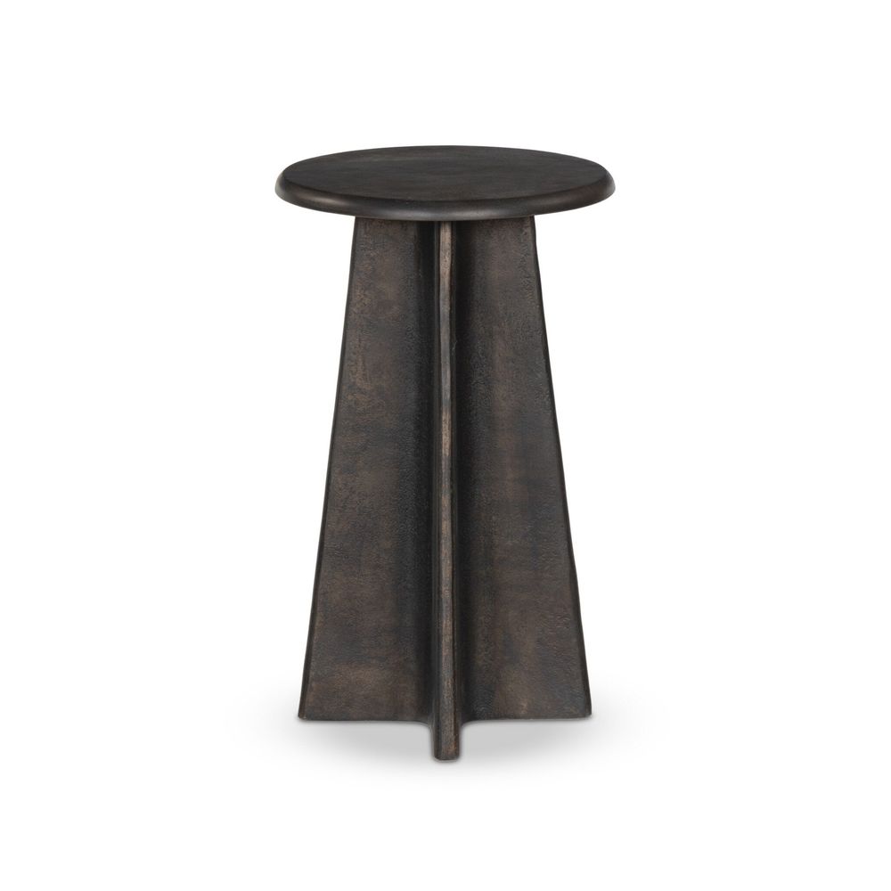 Remo End Table, shown in distressed bronze and dark brown with cast metal and a compact round top.