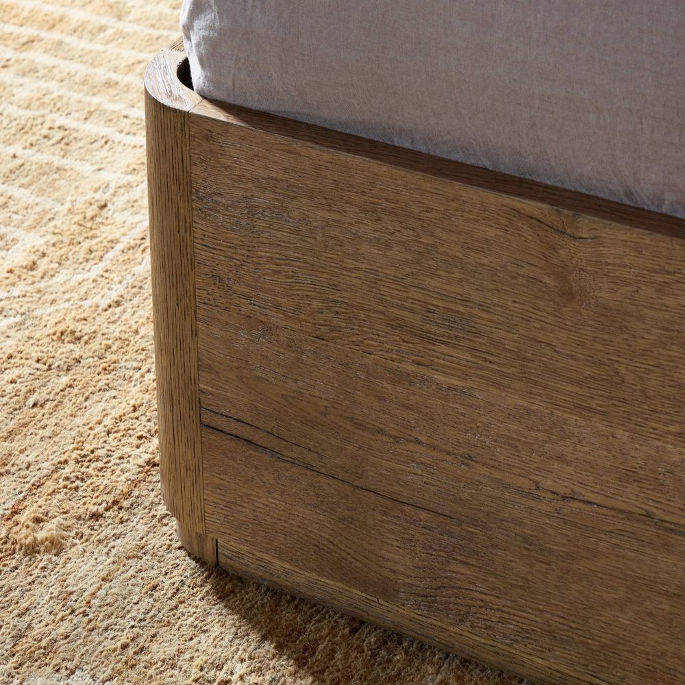 Additional view of Maeve King Bed in taupe and medium brown, featuring natural oak finish and wingback headboard.