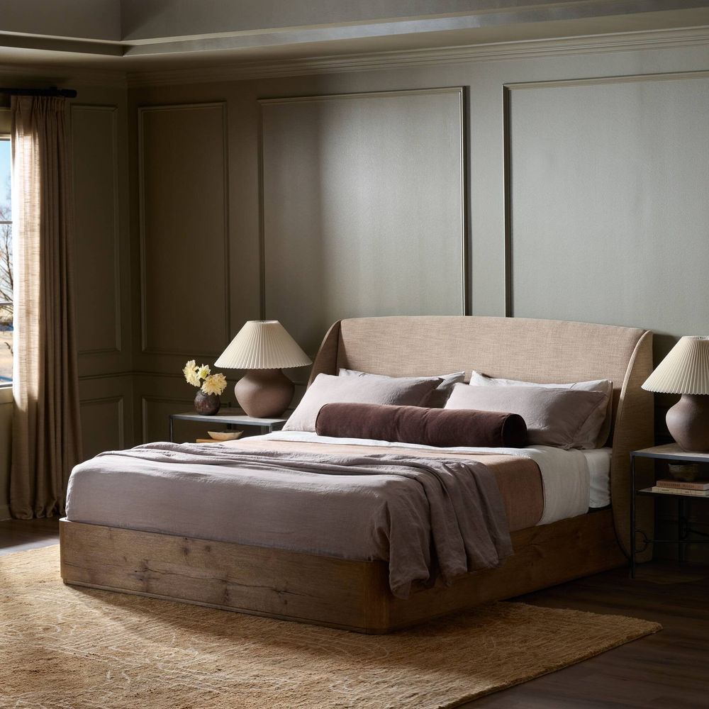 Alternate view of Maeve King Bed, featuring natural oak finish, solid wood, textured fabric, and wingback headboard.