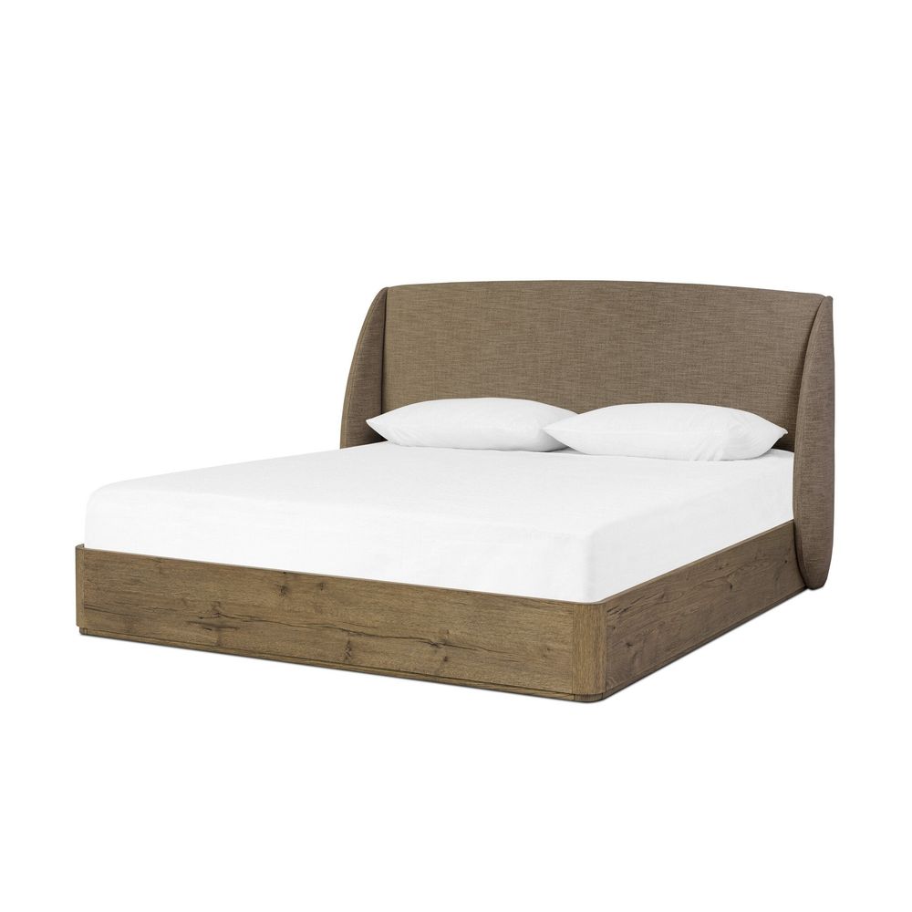 Maeve King Bed, shown in taupe and medium brown with solid wood, textured fabric, and wingback headboard.