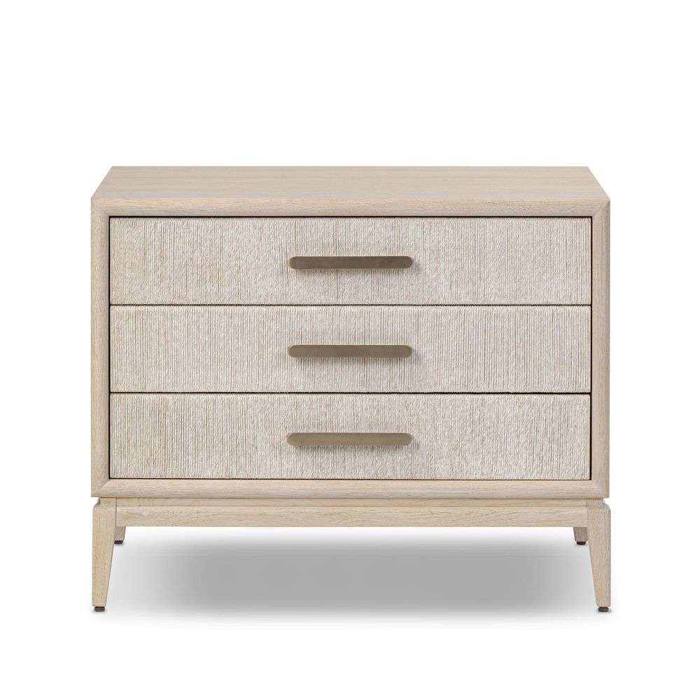 Rosenell Closed Nightstand, shown in light natural oak and warm beige with oak veneer, wood, and three full-width drawers.