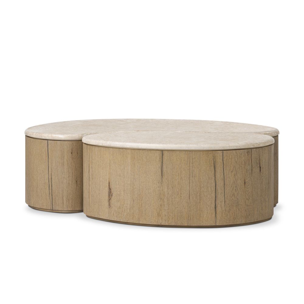 Ingrid Coffee Table, shown in light oak beige and cream marble with wood and marble.