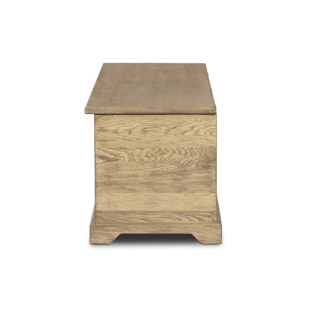Additional view of Quintin Trunk in light brown and weathered oak, featuring worn oak finish and integrated storage.