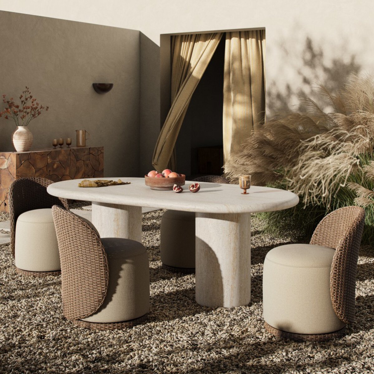 Alternate view of Poole Outdoor Dining Table 78" Oval in sand beige and warm ivory.