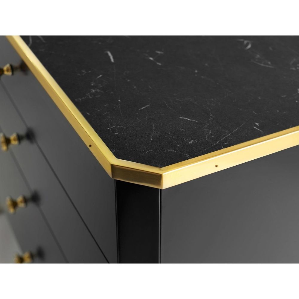 Alternate view of Niles Bedside Chest-Black, featuring high-gloss lacquer, wood, marble, and four full-width drawers.