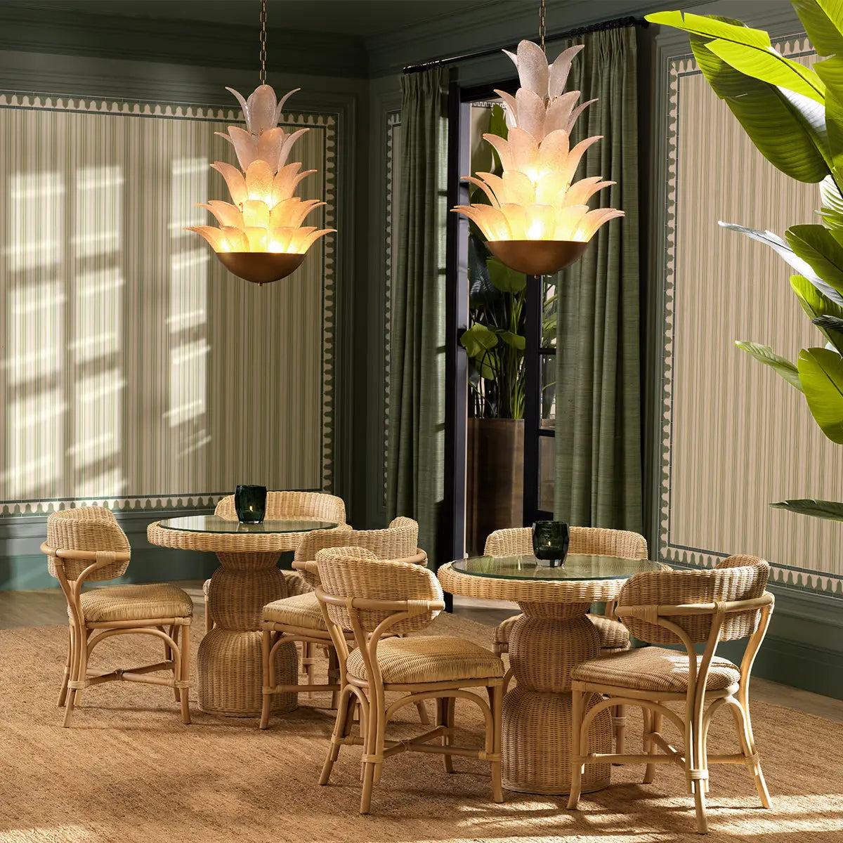 Alternate view of Dining Table Tiago Round Natural Rattan Incl Glass Top in natural tan and beige.