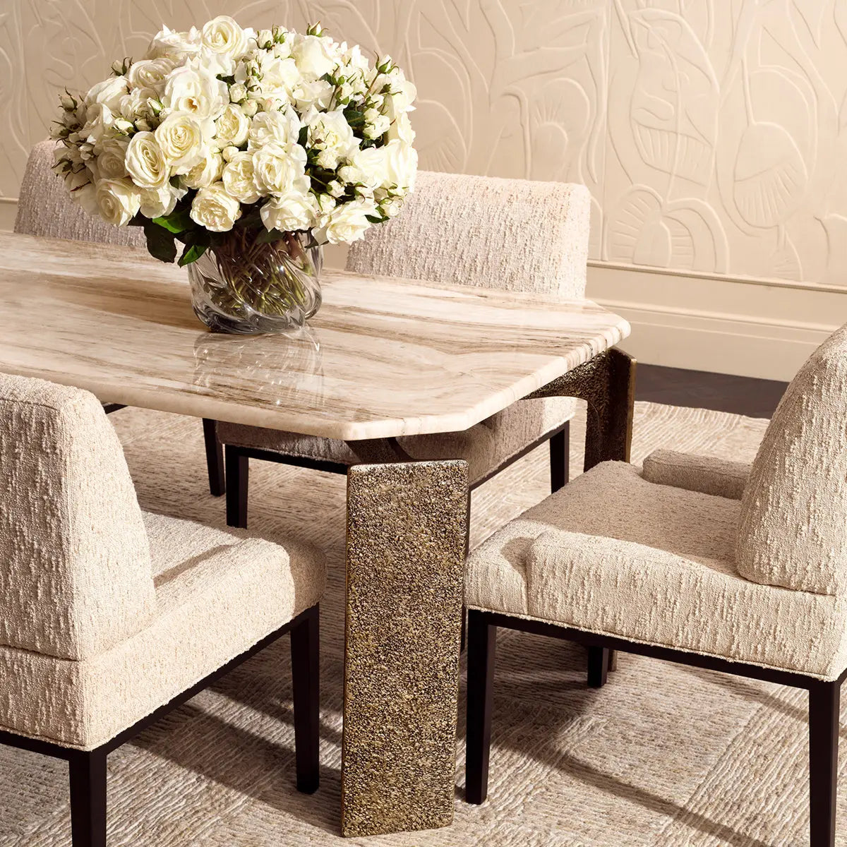 Alternate view of Dining Table Bodega Rectangular Antique Brass Finish in cream and beige.