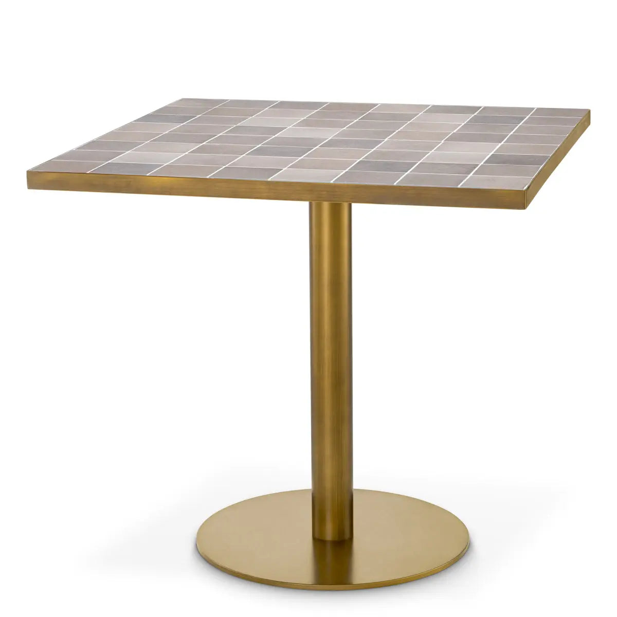 Alternate view of Dining Table Colton Antique Brass Finish in taupe and warm gray.