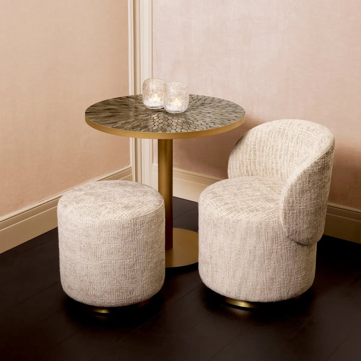 Alternate view of Dining Table Declan Antique Brass Finish in antique brass gold and warm brown.