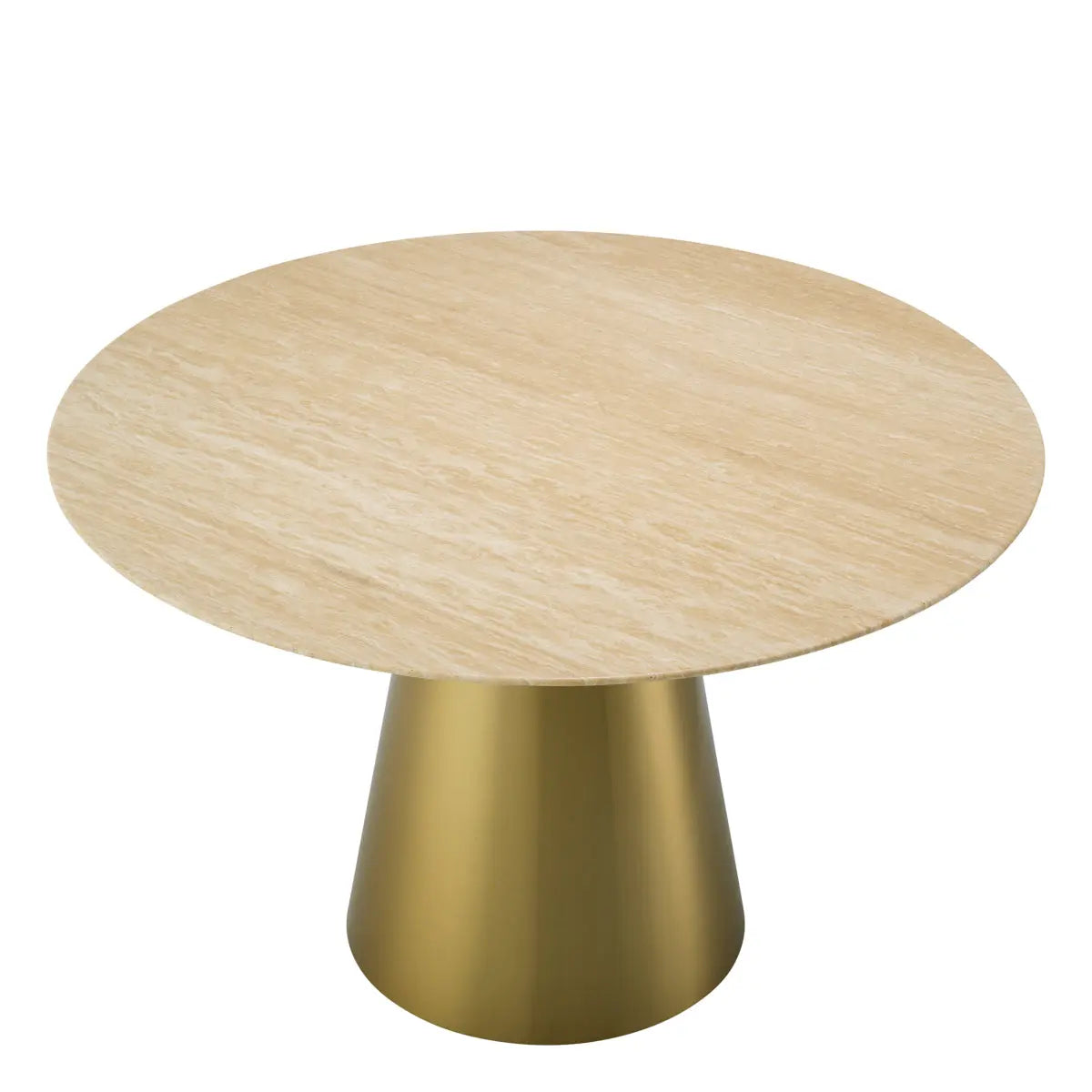 Alternate view of Dining Table Nathan Brushed Brass Finish Travertine in beige and brass gold.
