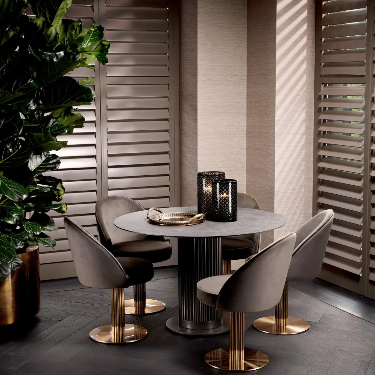 Alternate view of Outdoor Dining Table Volterra Round Bronze Finish Grey Ceramic in grey and charcoal.