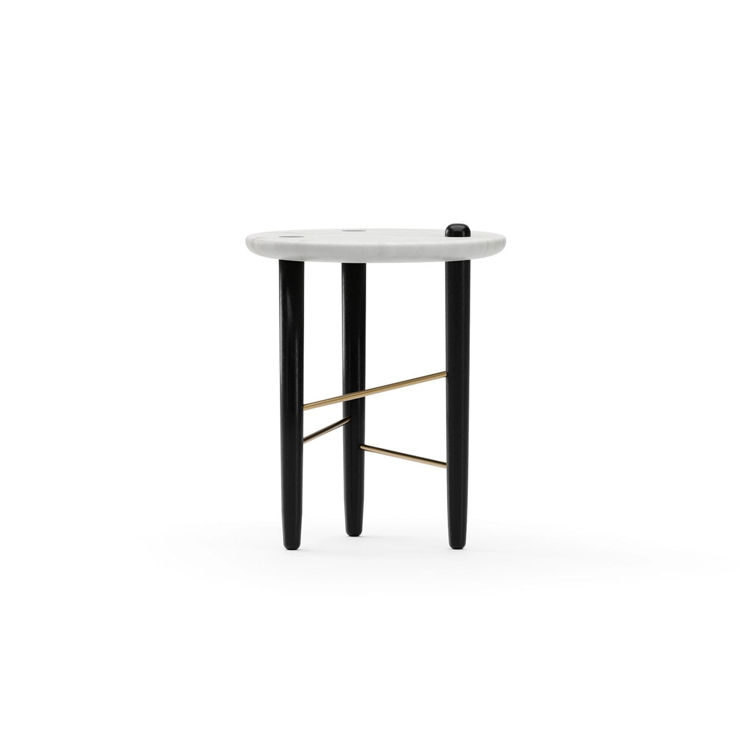 Madera Small Spot Table, shown in white and black with marble, wood, and three-leg base.