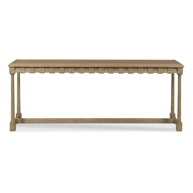Alternate view of Stetson Console, featuring vintage finish, hardwood, oak veneer, and a long narrow console top.