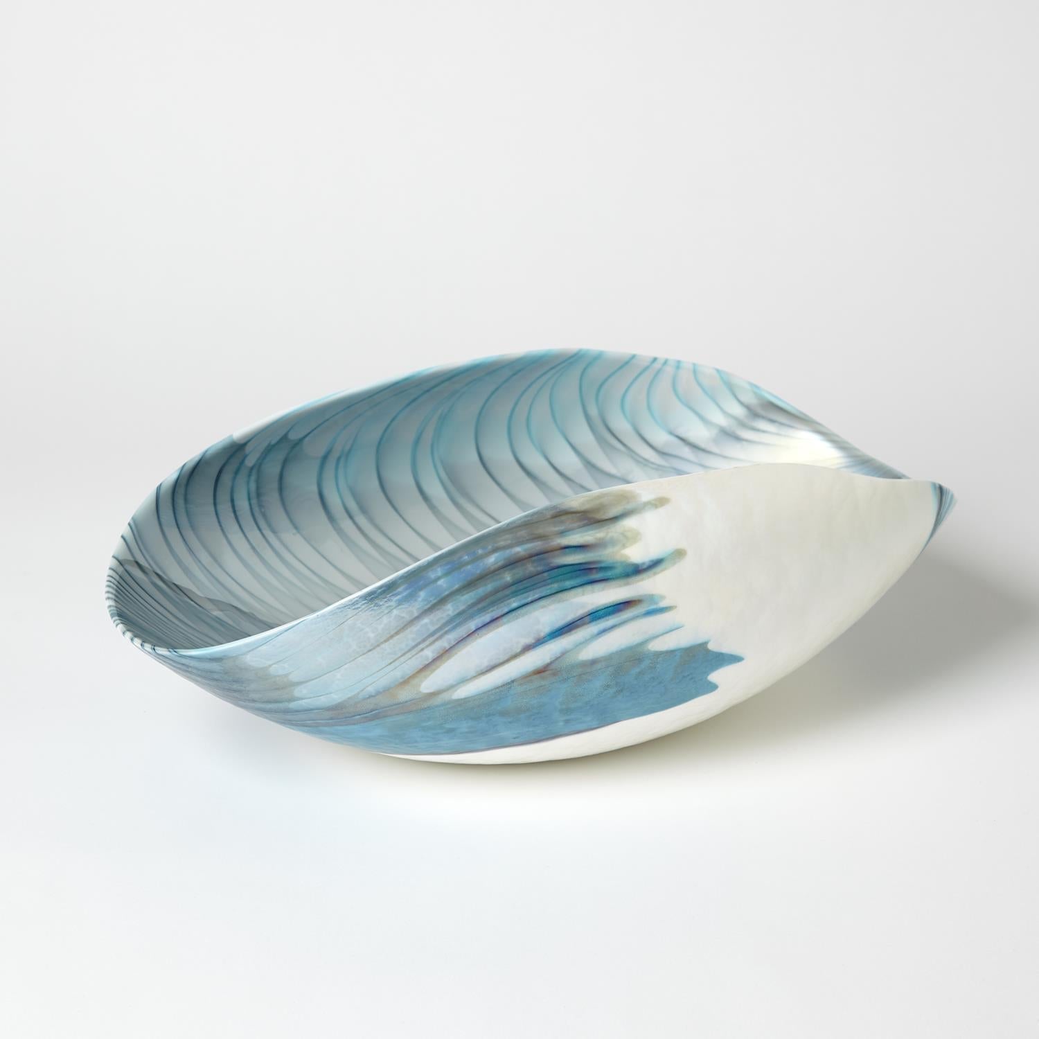 Turquoise Feather Swirl Bowl Murano Glass Collection-Global Views-GVSA-3.31469-BowlsStyle 3-Ivory Turquoise Feather Swirl Oval Folded Bowl-4-France and Son