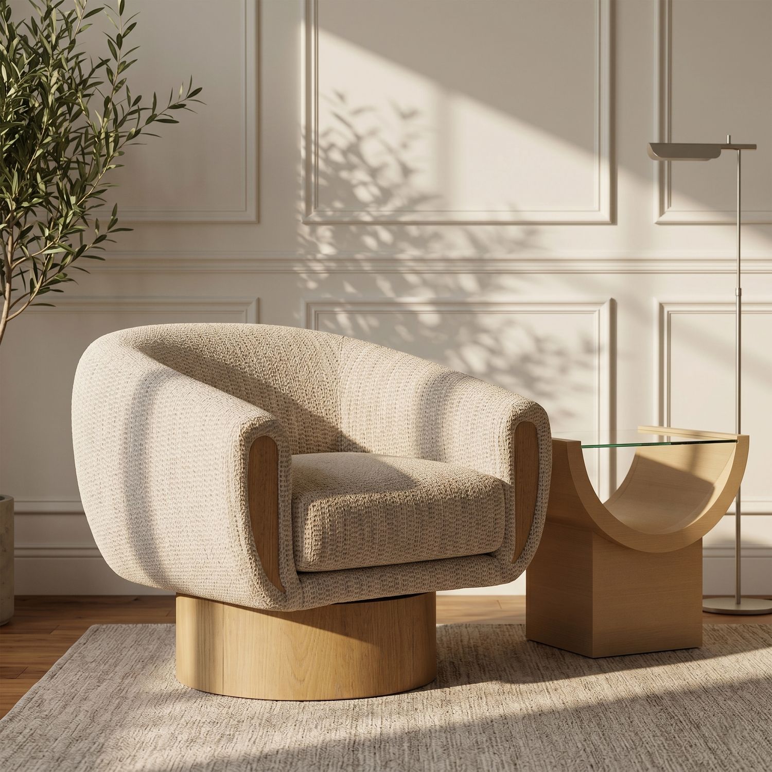 Avella Interwoven Fabric Upholstered Swivel Accent Chair — Beige / Stained Natural