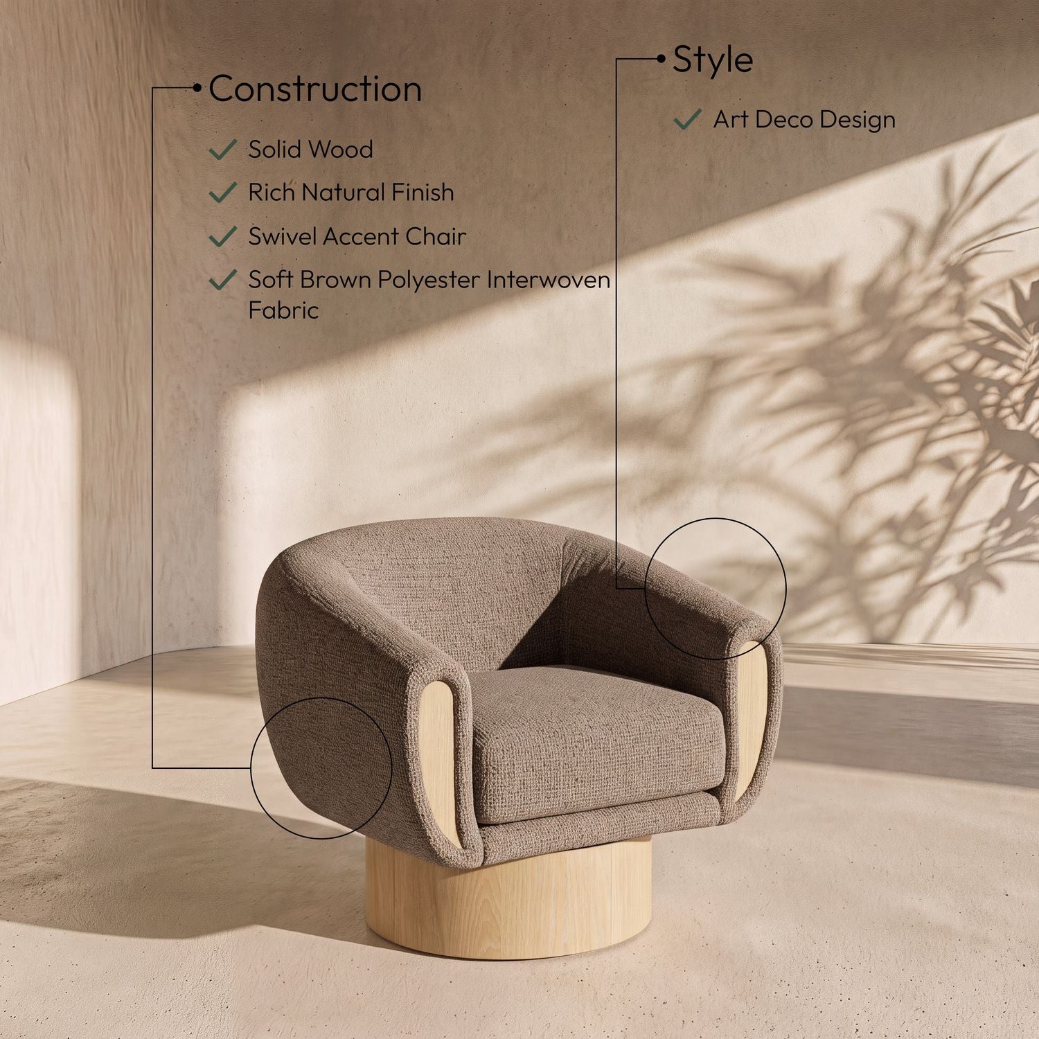 Avella Interwoven Fabric Upholstered Swivel Accent Chair — Brown / Stained Natural