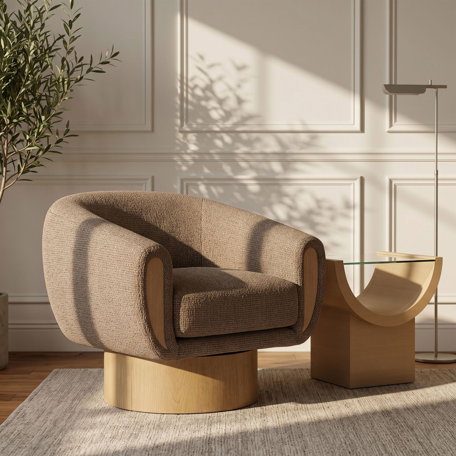 Avella Interwoven Fabric Upholstered Swivel Accent Chair — Brown / Stained Natural