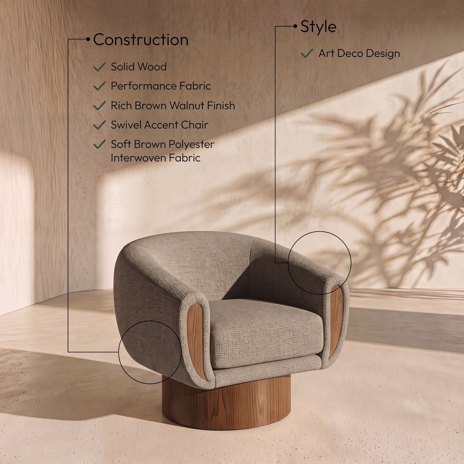 Avella Interwoven Fabric Upholstered Swivel Accent Chair — Brown / Stained Brown