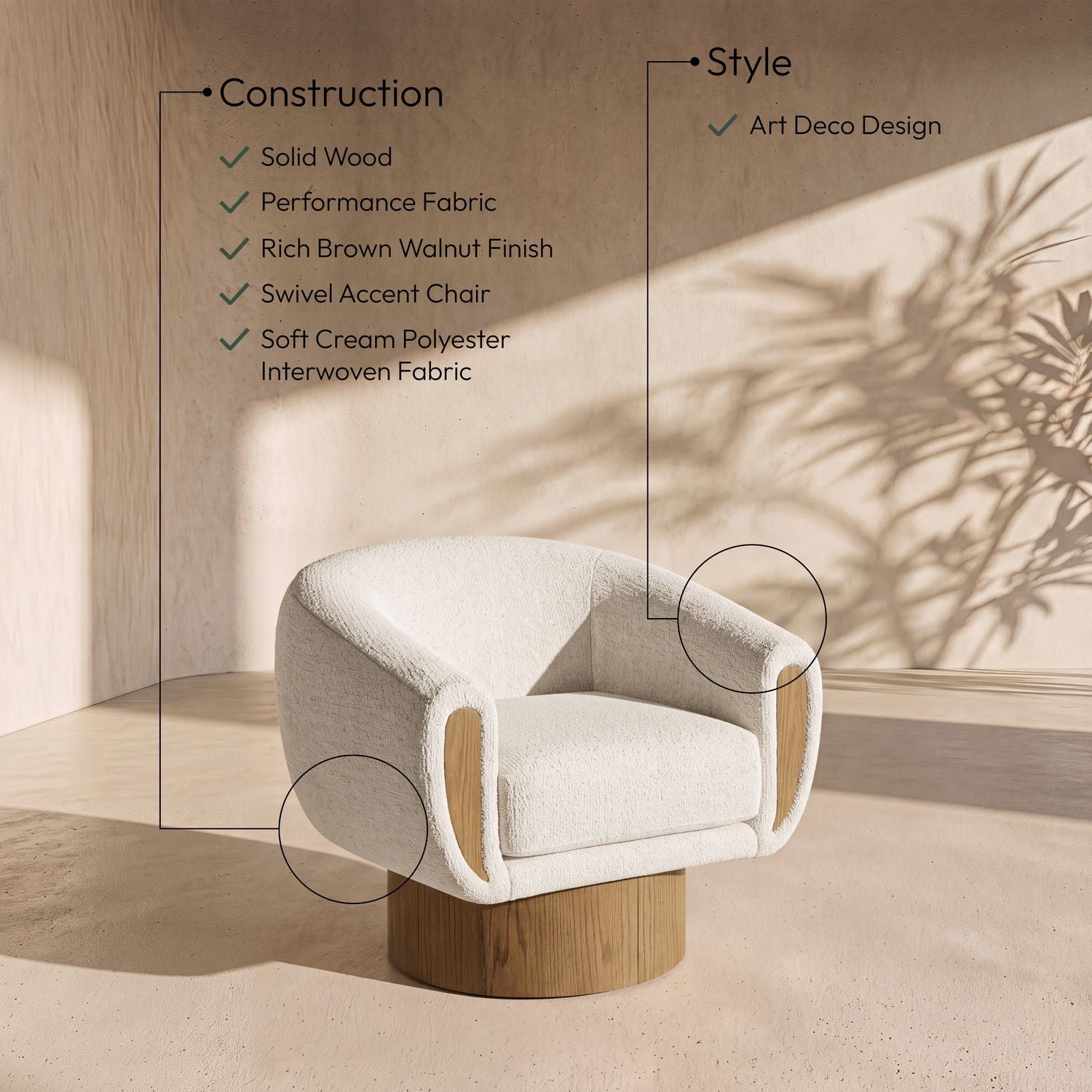 Avella Interwoven Fabric Upholstered Swivel Accent Chair — Cream / Stained Brown