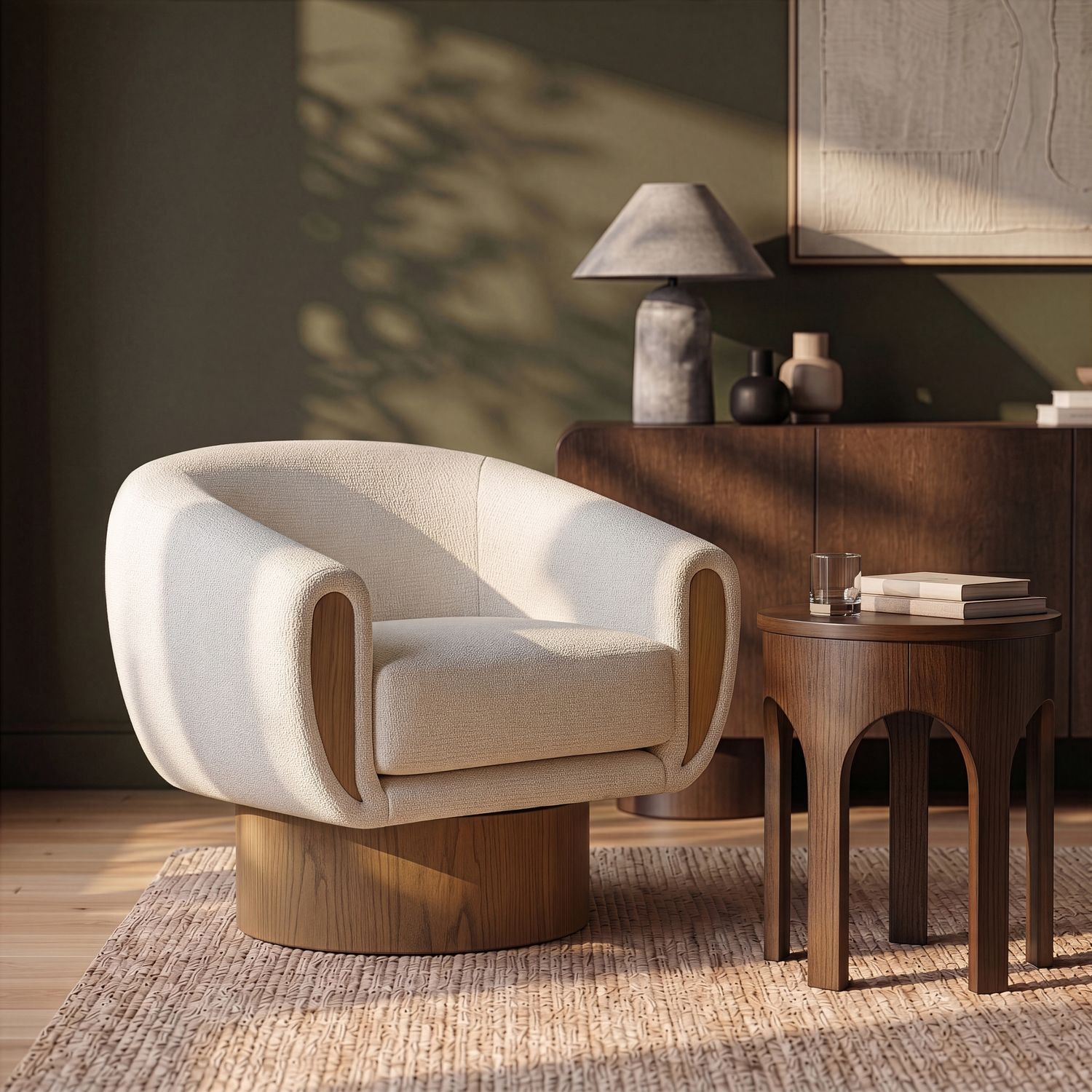 Avella Interwoven Fabric Upholstered Swivel Accent Chair — Cream / Stained Brown