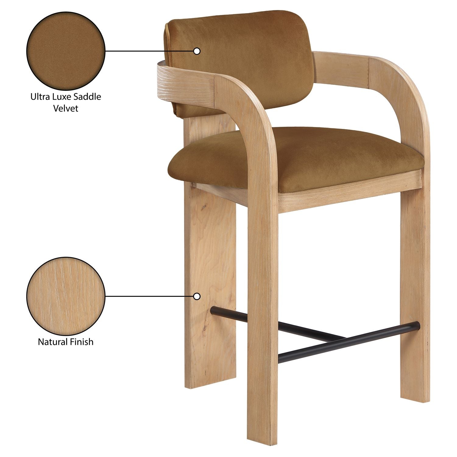 Cedra Velvet Performance Fabric Upholstered Counter Stool — Saddle / Stained Natural / Matte Black