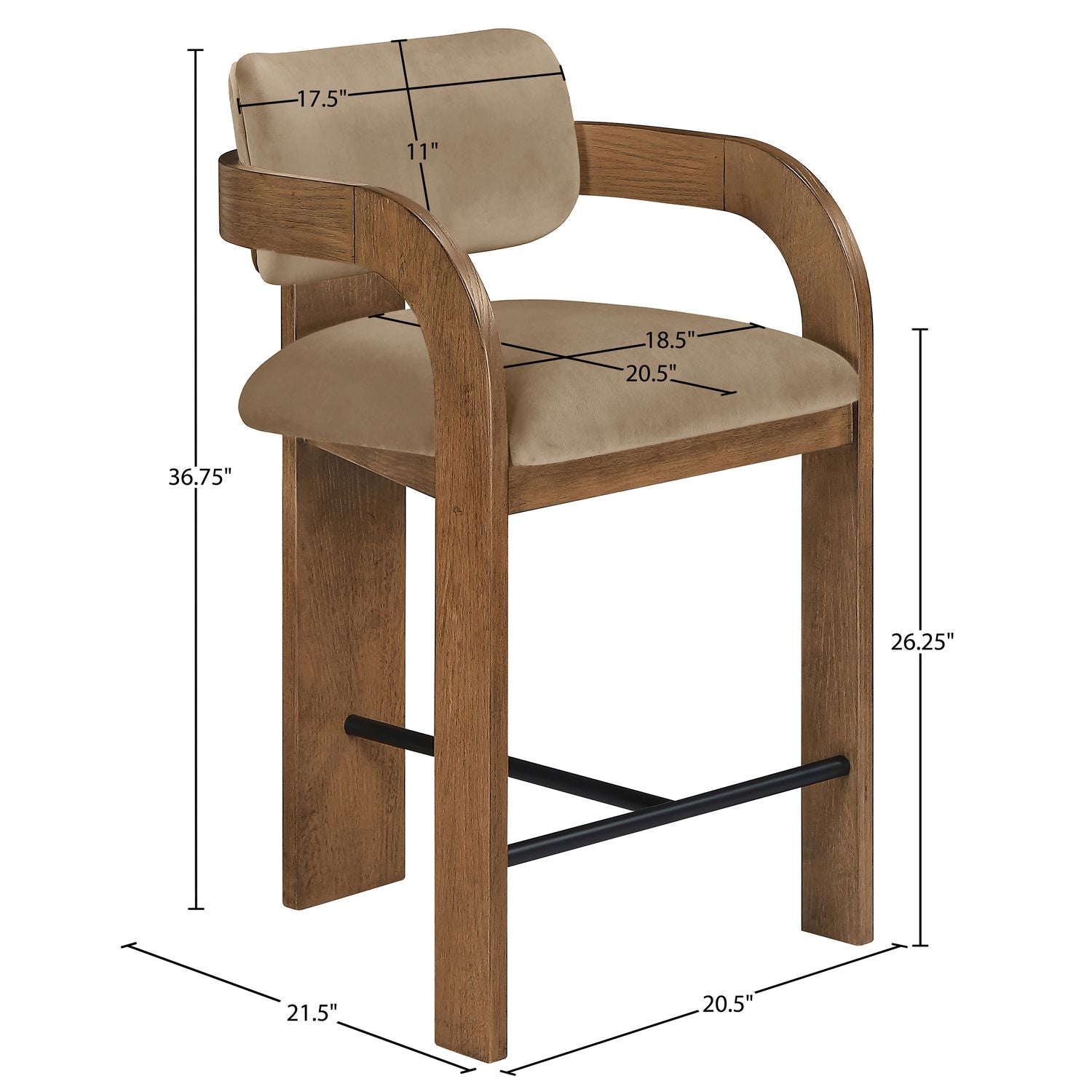 Cedra Velvet Performance Fabric Upholstered Counter Stool — Beige / Stained Brown / Matte Black