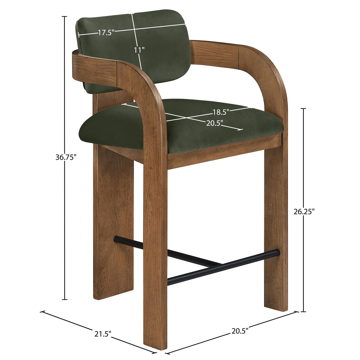 Cedra Velvet Performance Fabric Upholstered Counter Stool — Green / Stained Brown / Matte Black