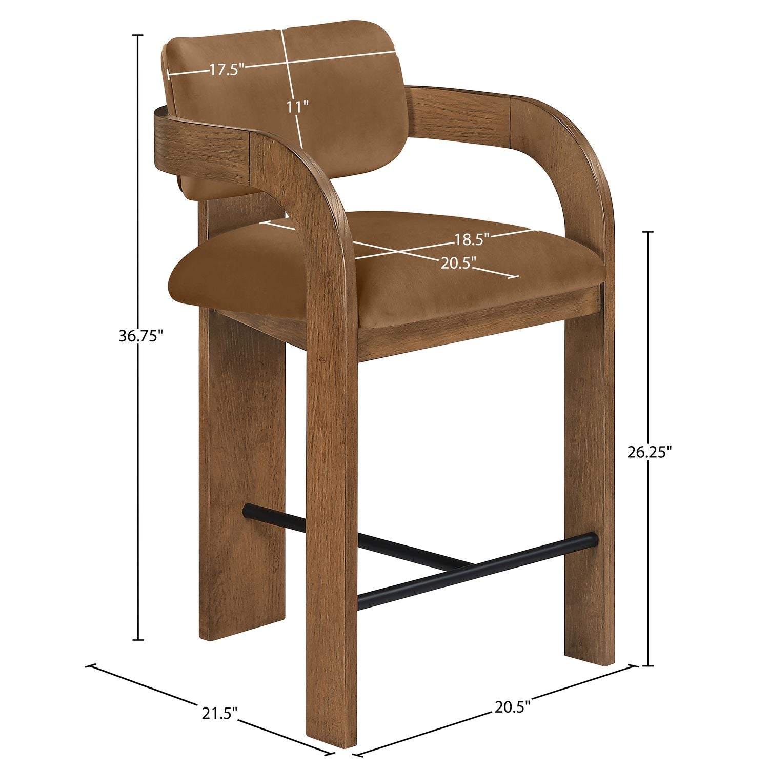 Cedra Velvet Performance Fabric Upholstered Counter Stool — Saddle / Stained Brown / Matte Black