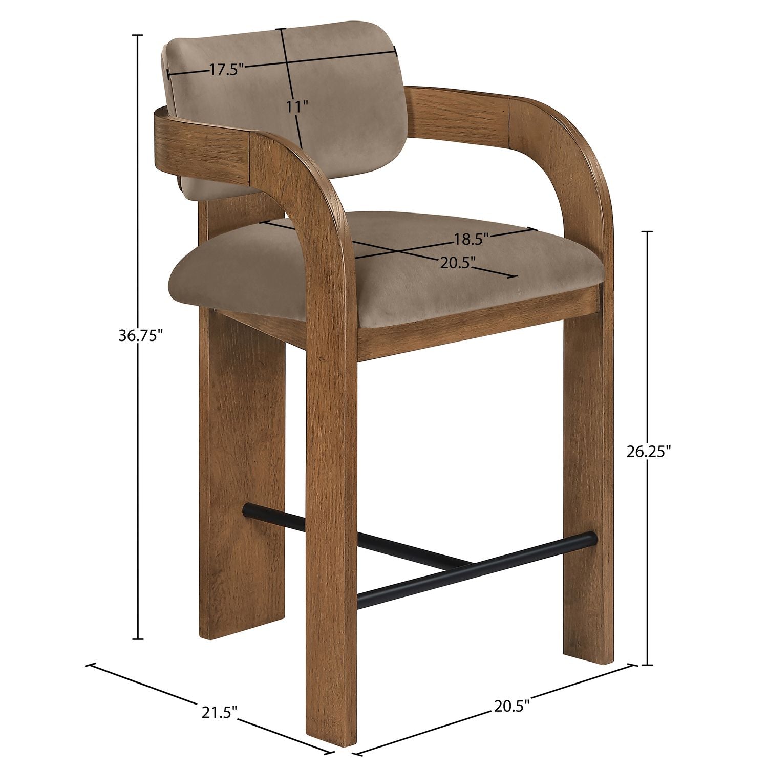 Cedra Velvet Performance Fabric Upholstered Counter Stool — Taupe / Stained Brown / Matte Black