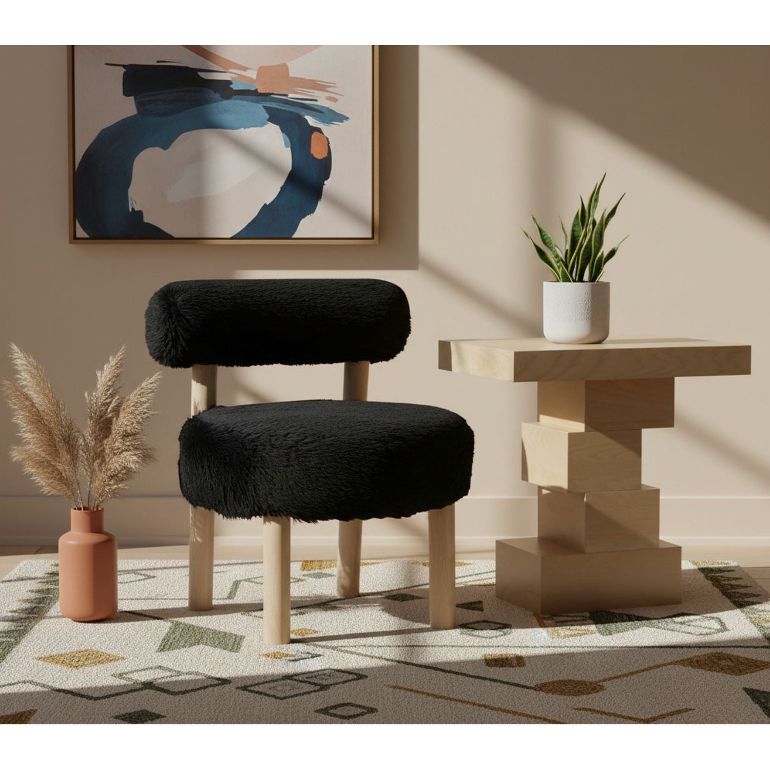 Ambre Vegan Shearling Fabric Upholstered Accent Chair — Black / Natural