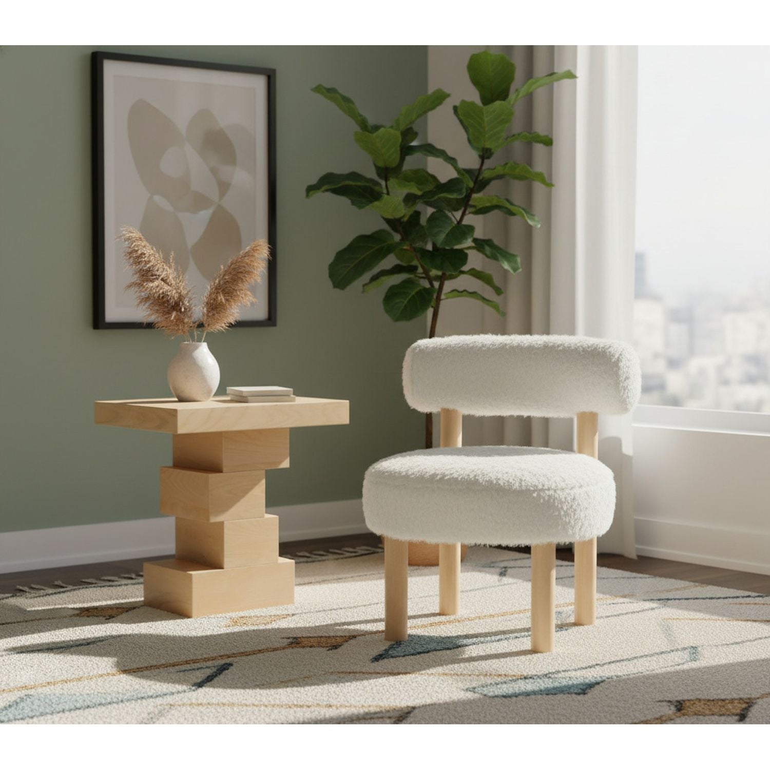Ambre Vegan Shearling Fabric Upholstered Accent Chair — Cream / Natural