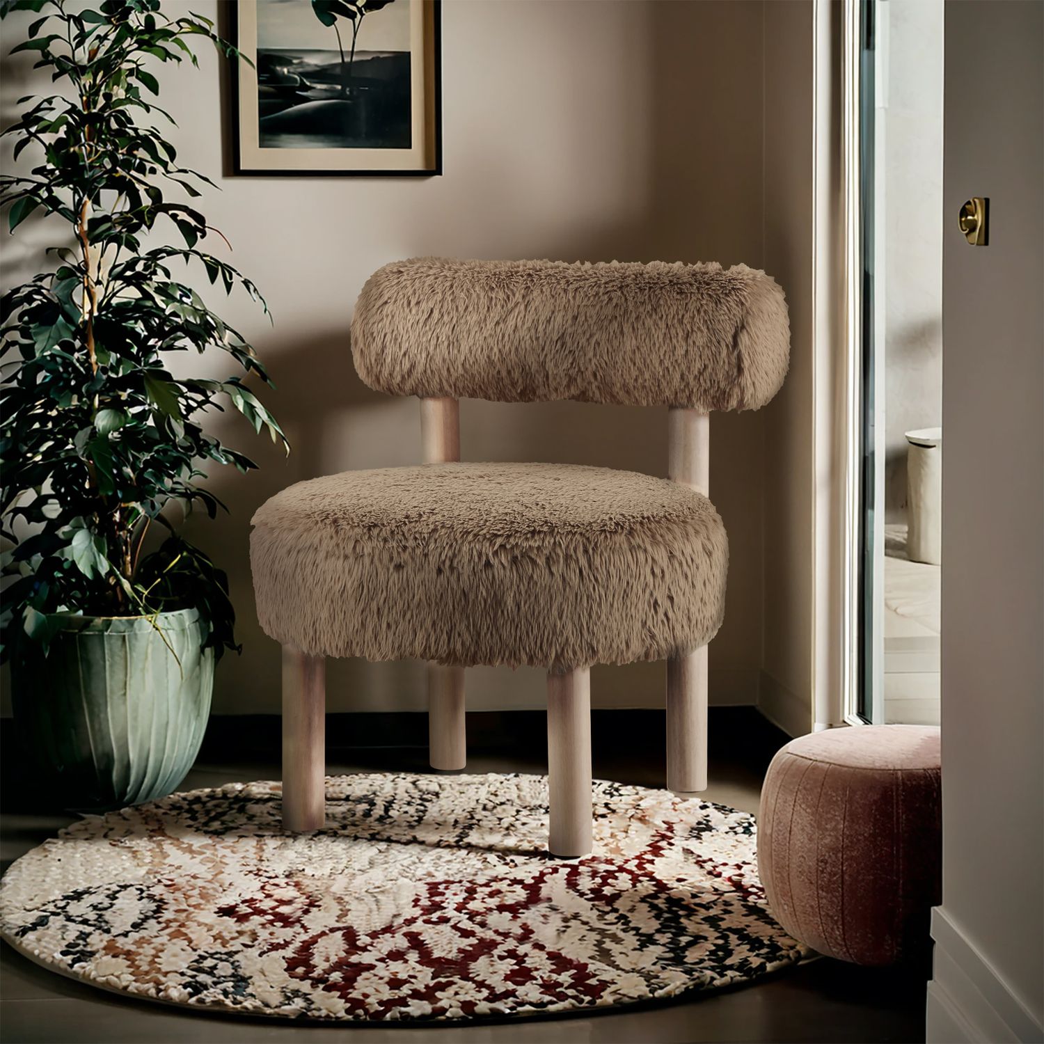 Ambre Vegan Shearling Fabric Upholstered Accent Chair — Tan / Natural