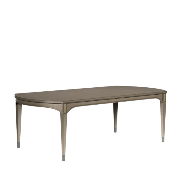 Cove Rectangular Dining Table, shown in taupe and greige with wood, metal, and center seam indicating extension capability.