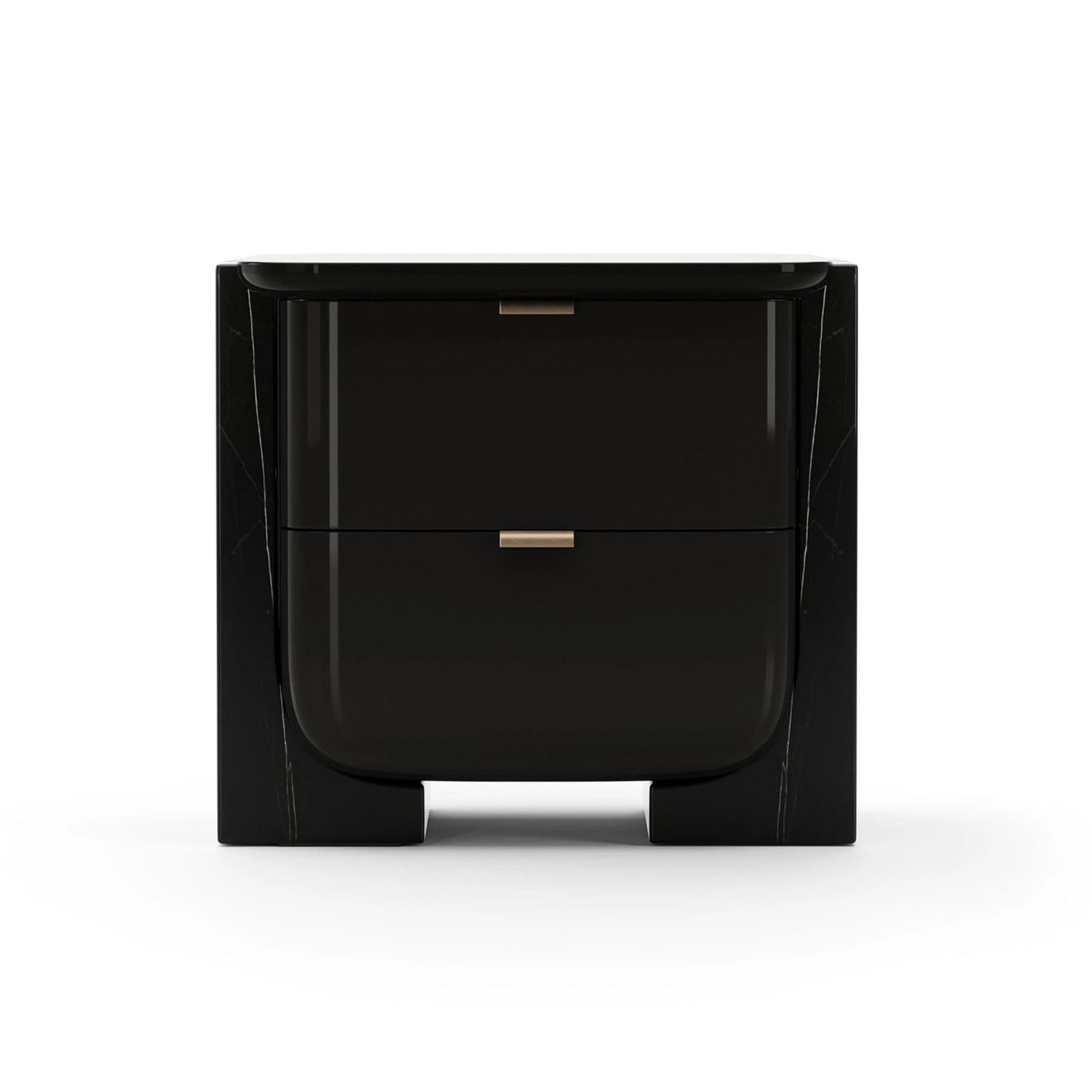 Overlap Small Nightstand Dark, shown in black with marble, lacquered wood or composite, and two stacked drawers.
