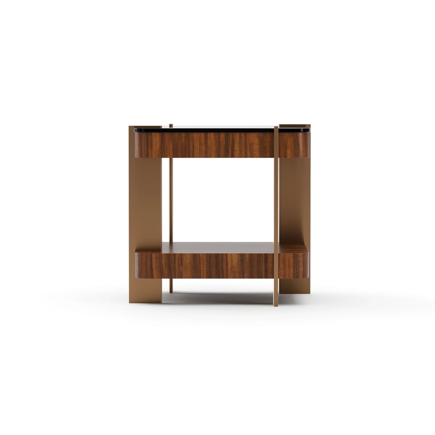Additional view of Altura Glass Top Side Table in warm walnut brown and bronze gold, featuring two-tier open shelving.