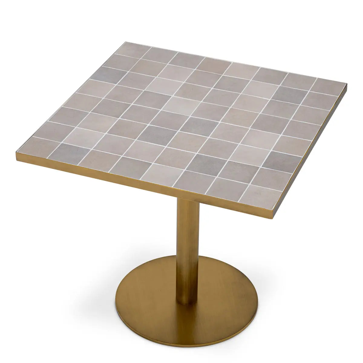 Additional view of Dining Table Colton Antique Brass Finish in taupe and warm gray.