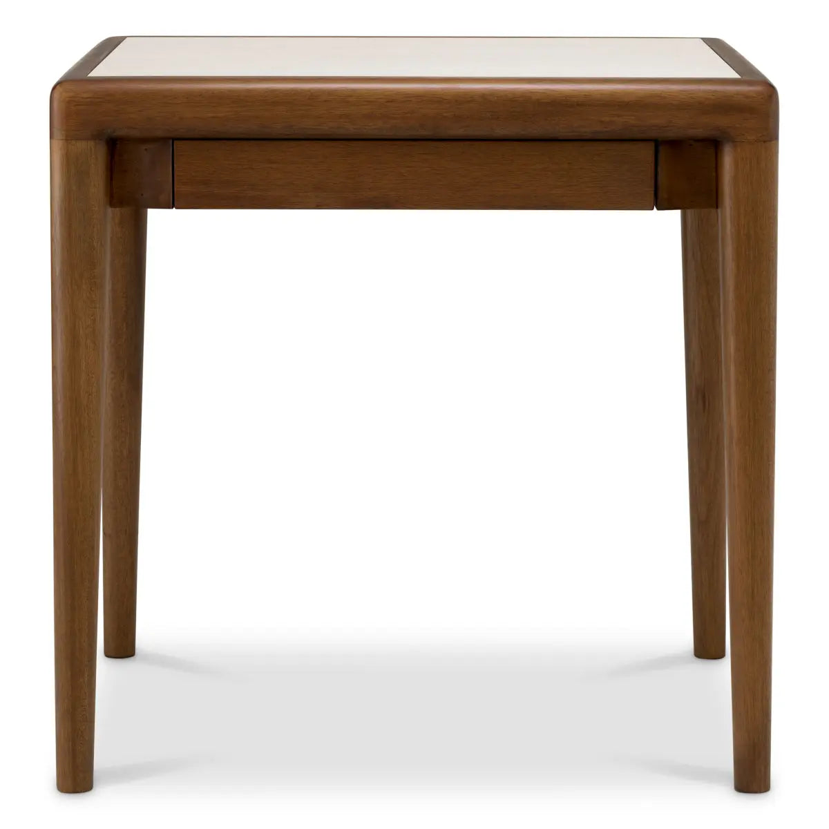 Additional view of Side Table Hensley Square Mahogany Wood Caramel Finish Beige Marble in caramel brown and beige.