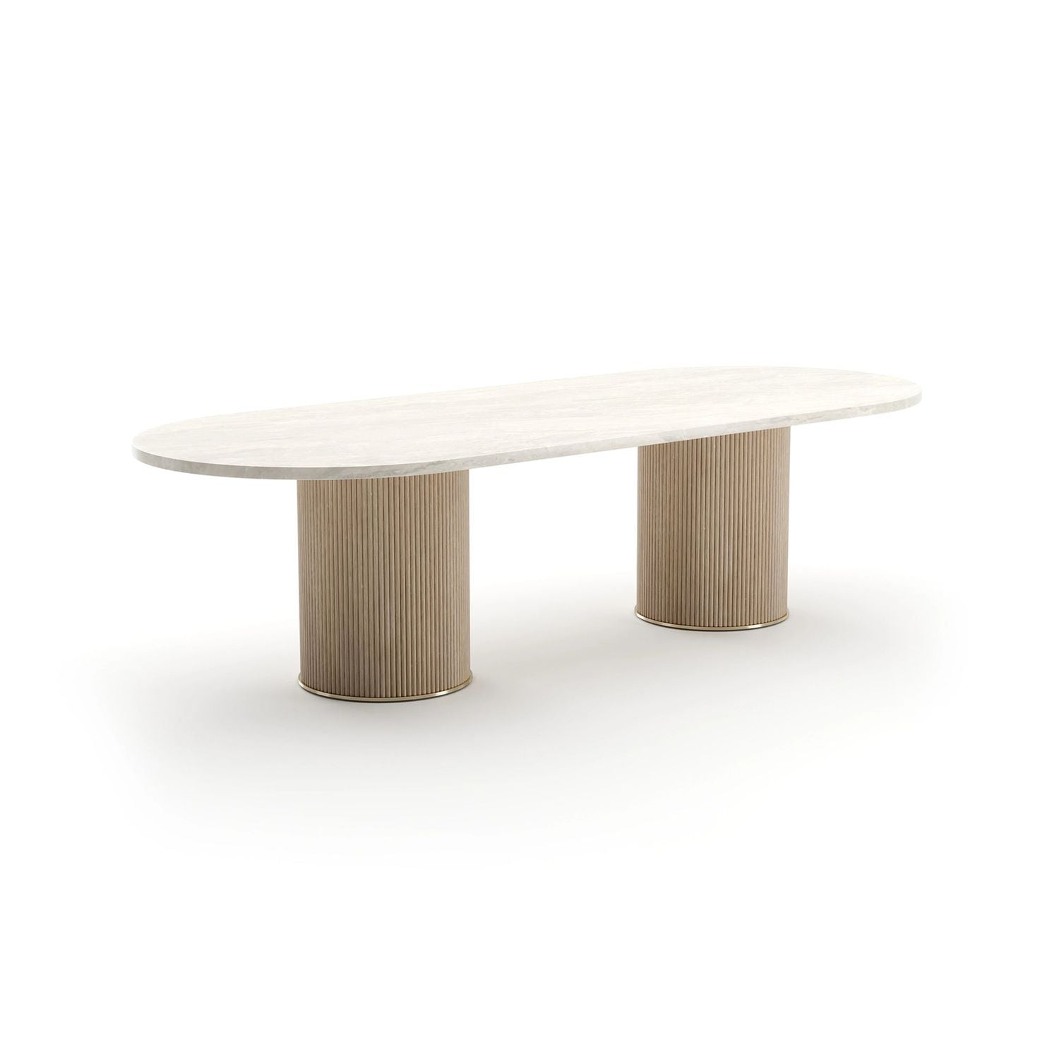 Alternate view of Rhythm Oval Stone Top Dining Table 112, featuring polished metal trim, stone, wood, and dual pedestal base.