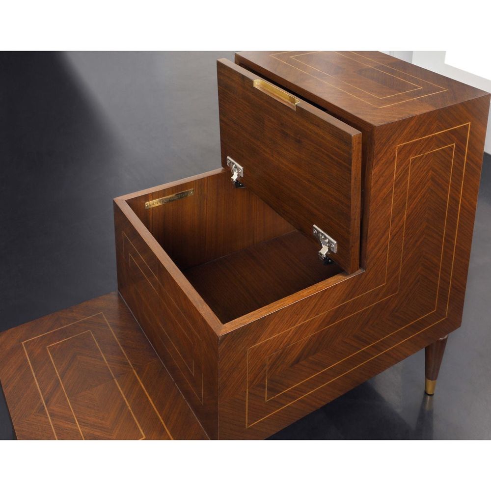 Alternate view of Library Tier End Table, featuring linear inlay finish, wood veneer, brass, and open upper cubby shelf.