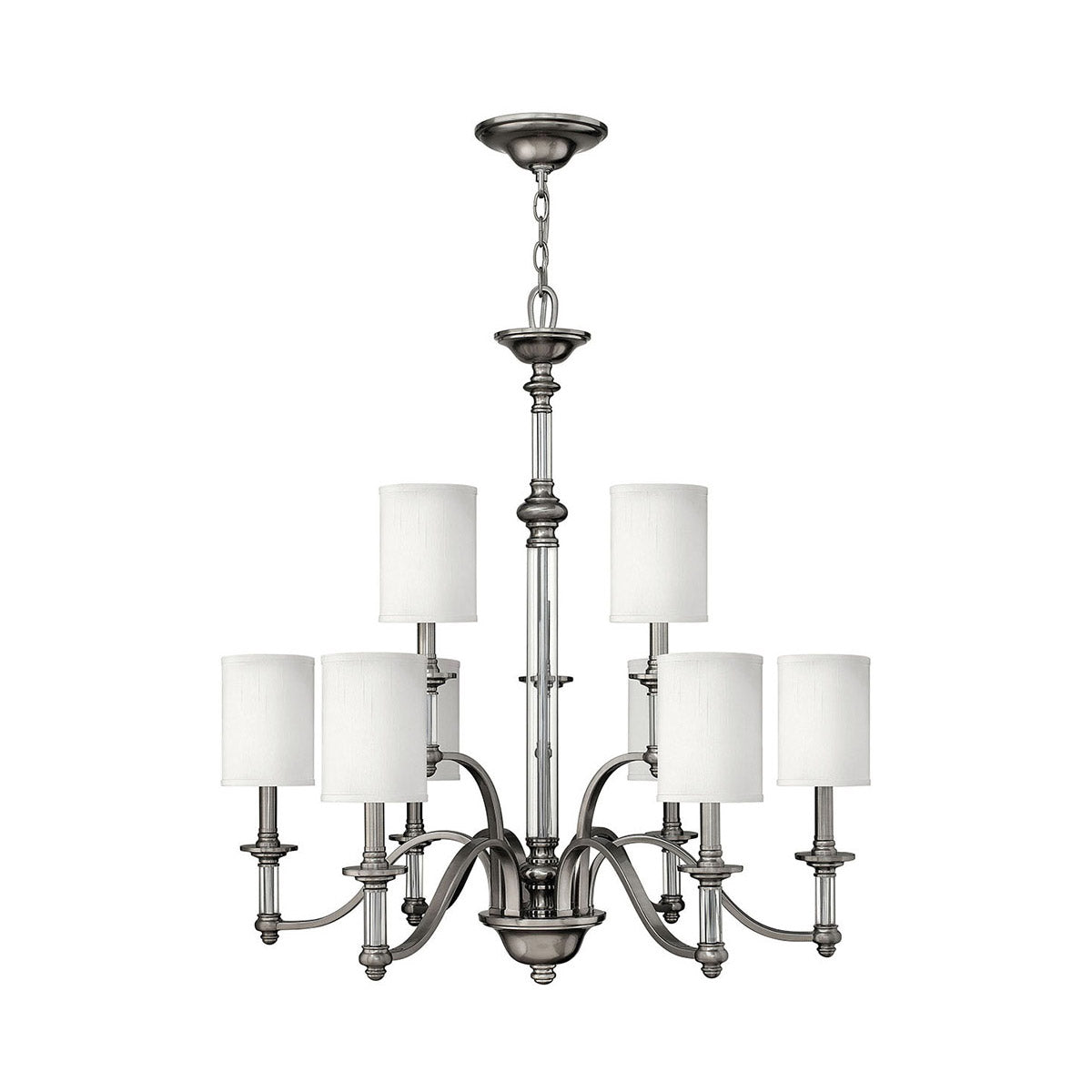 Sussex Chandelier Ceiling Light-Hinkley Lighting-HINKLEY-4798BN-Chandeliers9 Tier-Brushed Nickel / White Fabric Hardback-7-France and Son