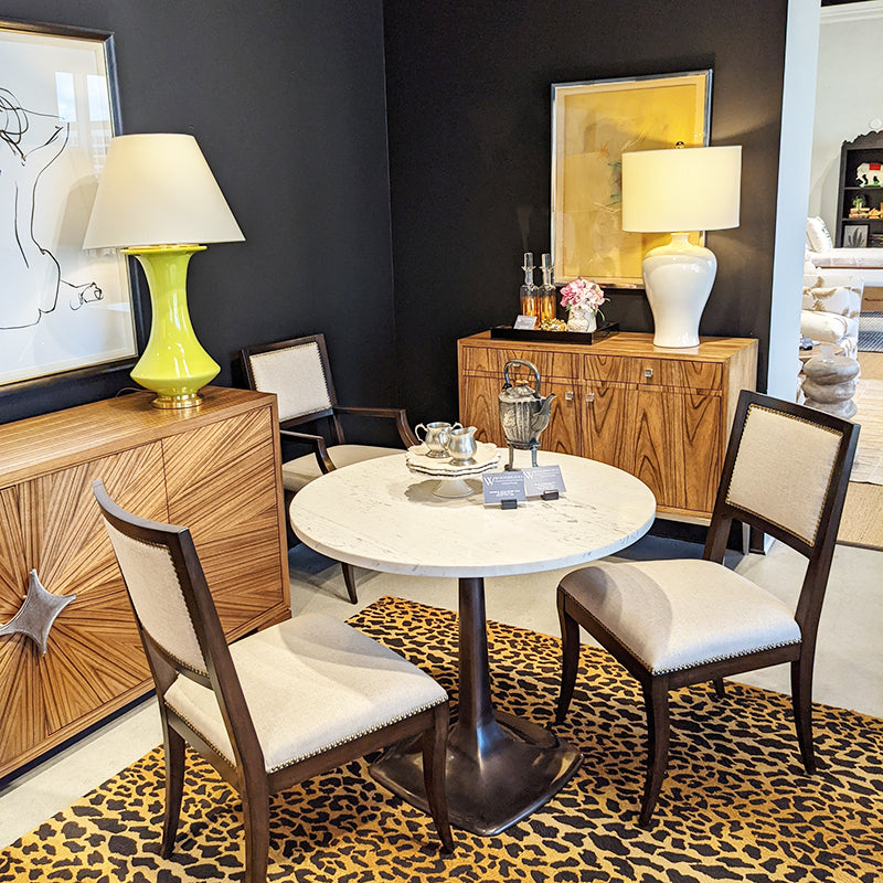 Alternate view of Calloway Round Table, featuring satin metal finish, stone, marble, and a pedestal base.