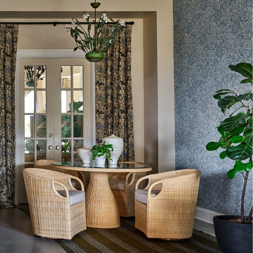 Alternate view of Ayana Dining Table, featuring clear glass finish, rattan, wicker, and a round glass top.