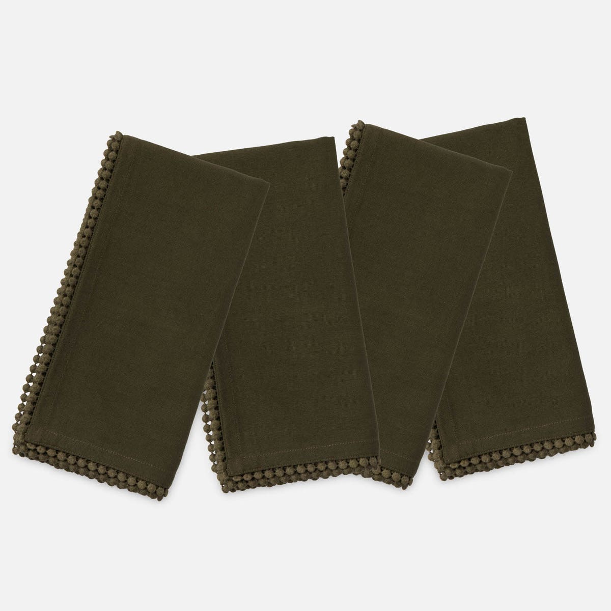 Margot Dark Olive Pom Pom Border Napkin Cotton Canvas 22X22 Pack/4