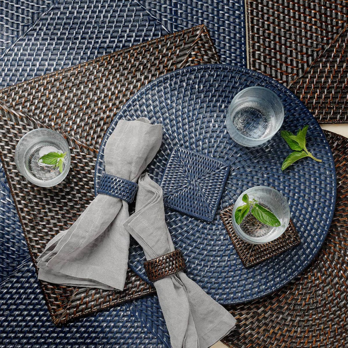 Brianne Polished Navy Square Placemat Rattan Pack/4