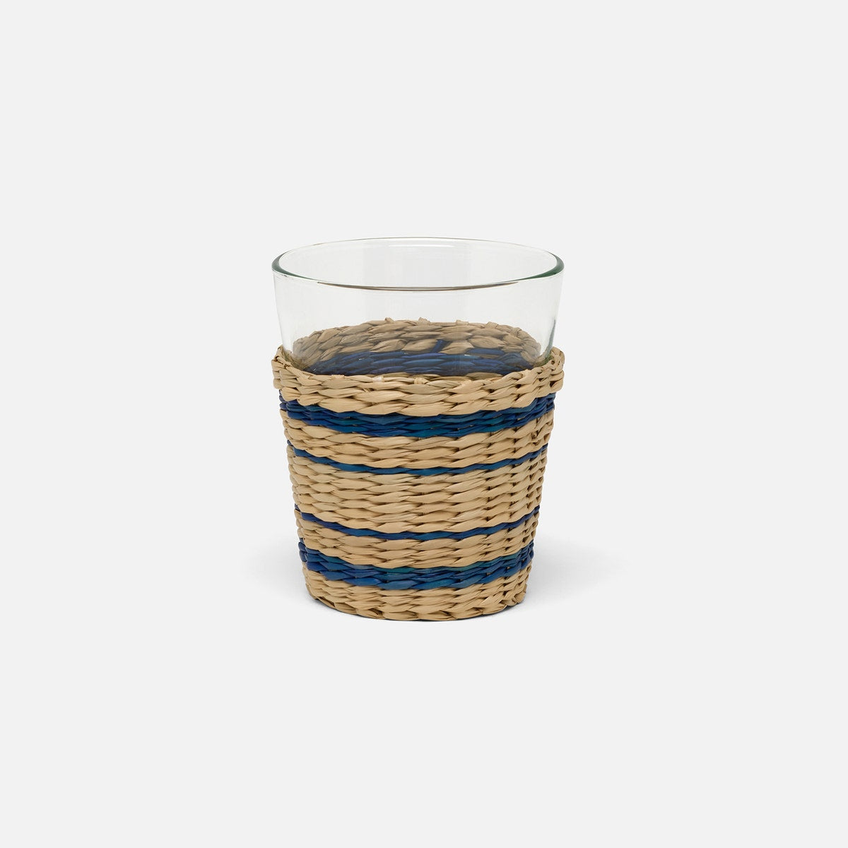 Zaley Natural/Navy Stripe Tumbler Woven Hand Blown Glass/Seagrass Pack/6