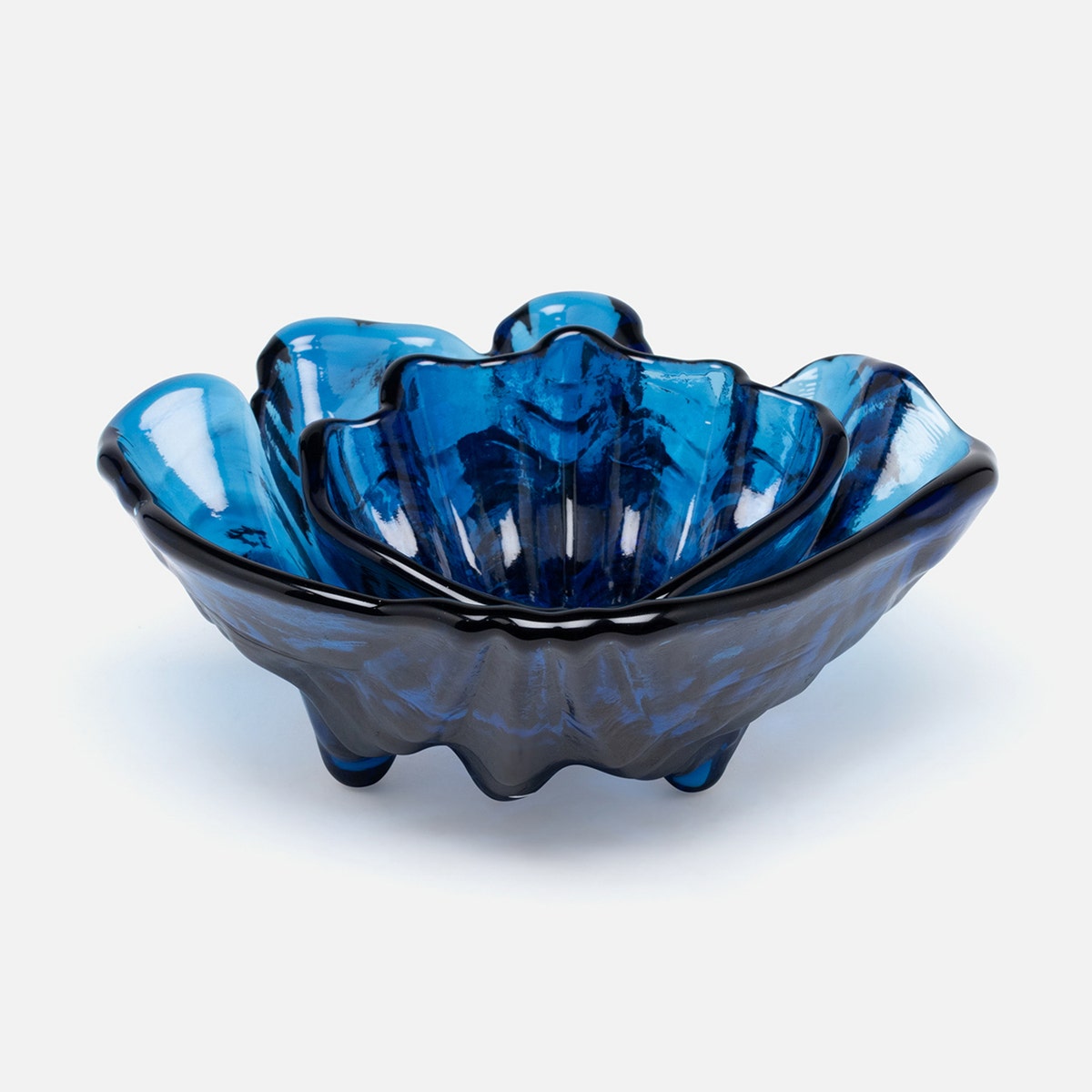 Coralie Dark Sapphire Clam Shell Snack Bowls Hand Pressed Glass Set/2