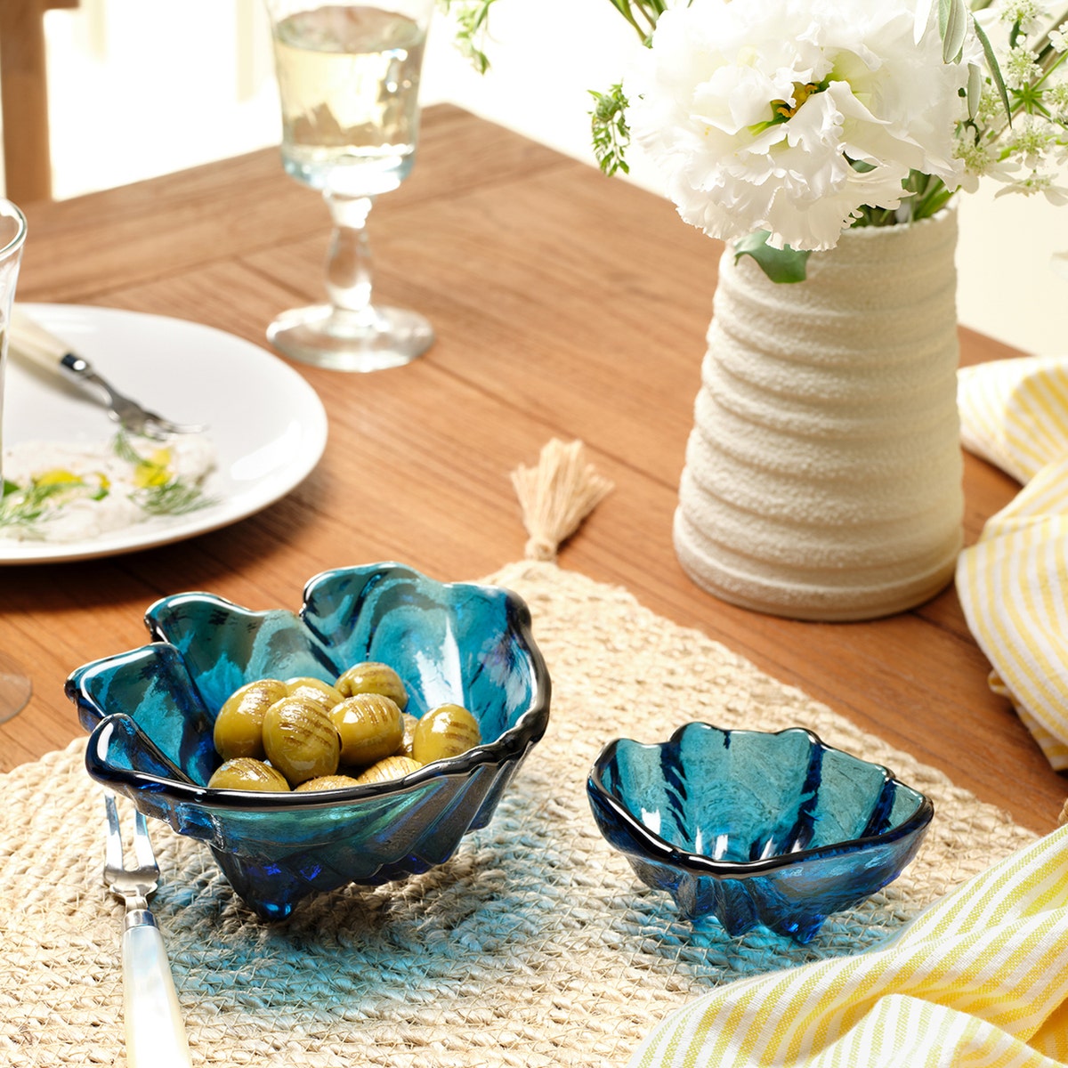 Coralie Dark Sapphire Clam Shell Snack Bowls Hand Pressed Glass Set/2