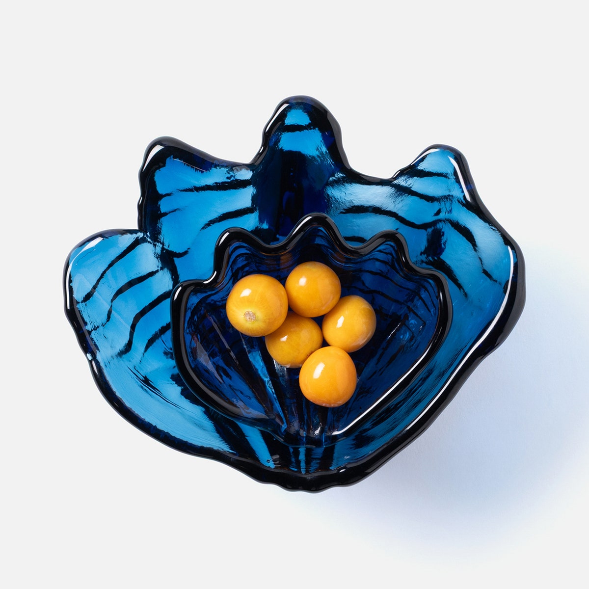 Coralie Dark Sapphire Clam Shell Snack Bowls Hand Pressed Glass Set/2