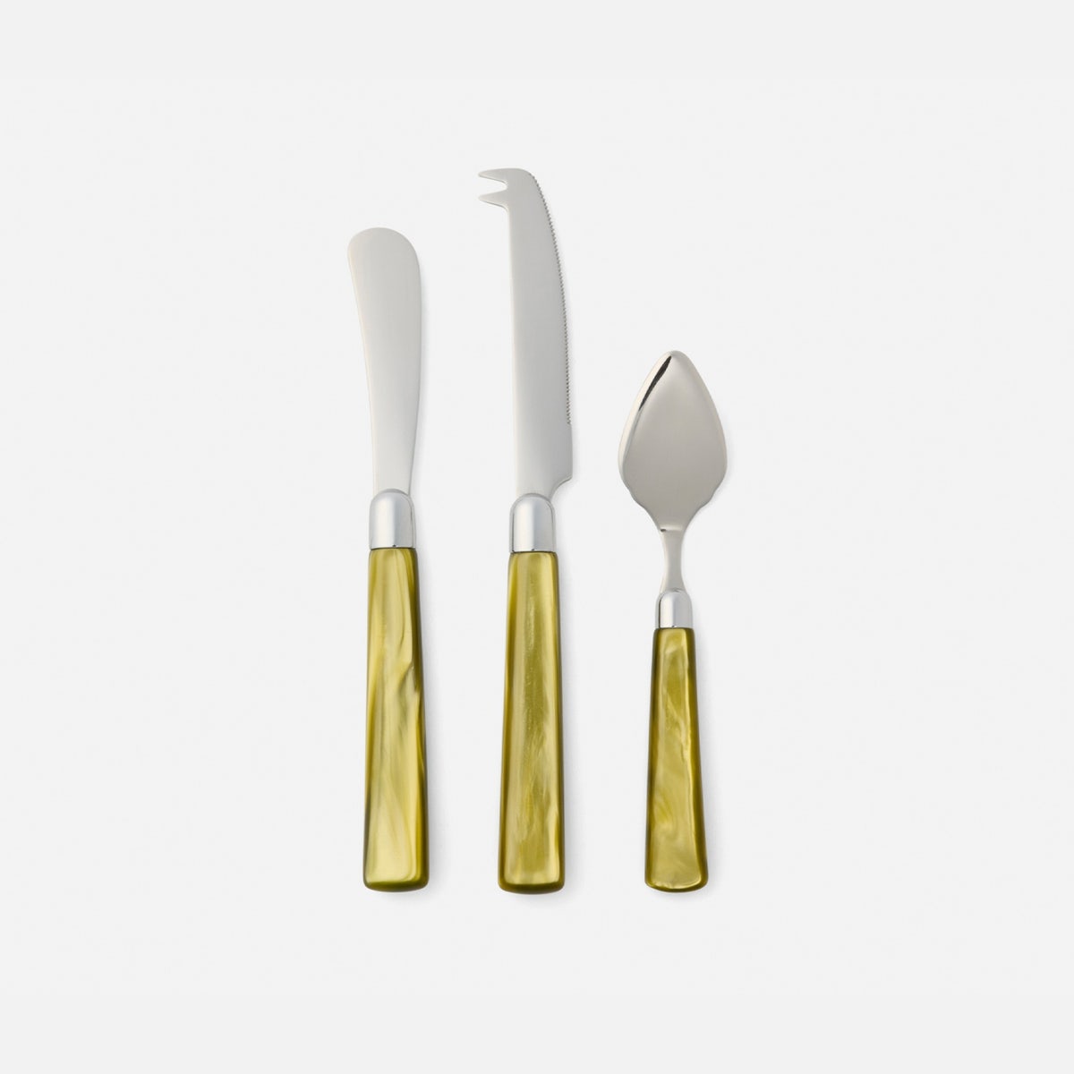 Colson Olive Green/Polished Silver Set Of 3 Cheese Knives Acrylic/Stainless Steel Boxed