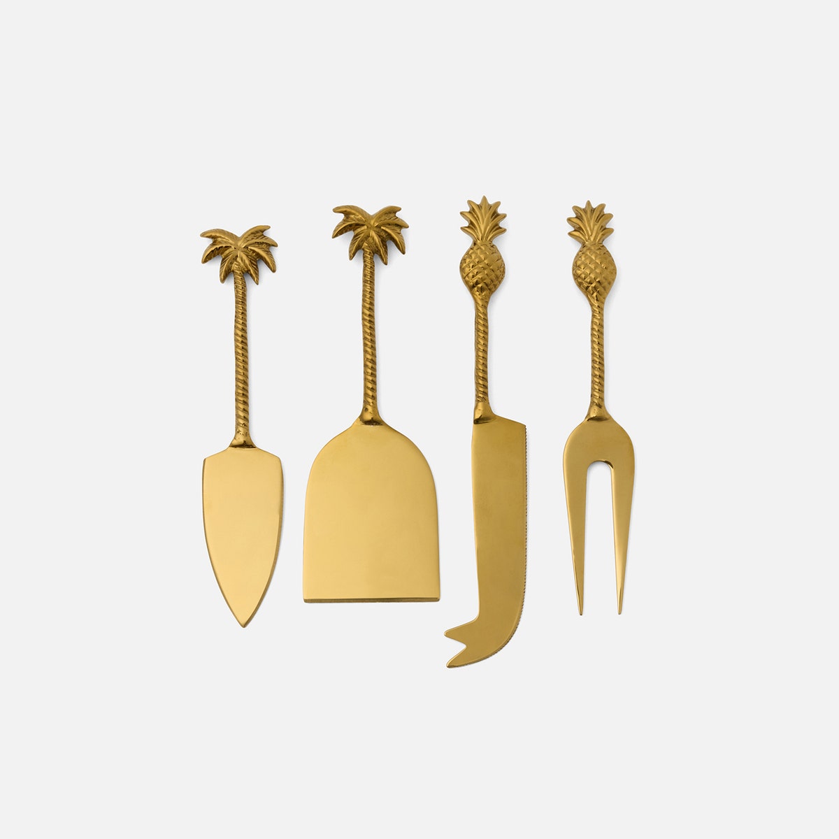 Crawford Polished Gold Palm Tree/Pineapple Set Of 4 Cheese Knives Stainless Steel/Brass Boxed